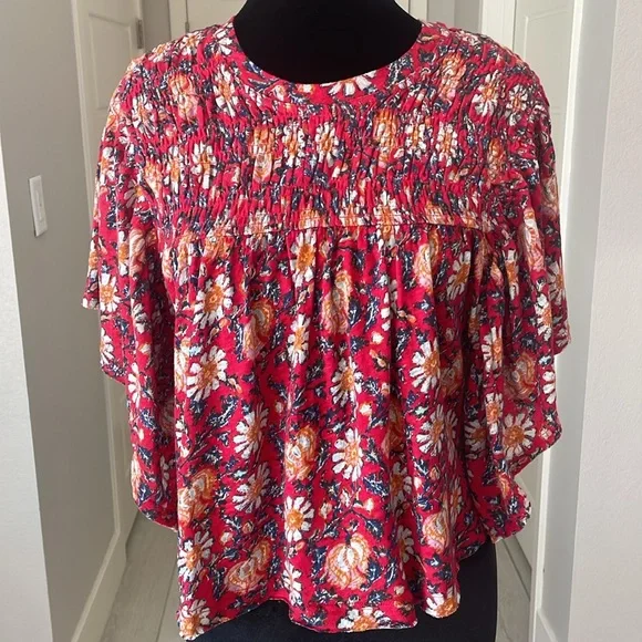 Free People Printed Ruffle Sleeve Crop Topo Size XS Red-Multi Color. - Picture 3 of 9